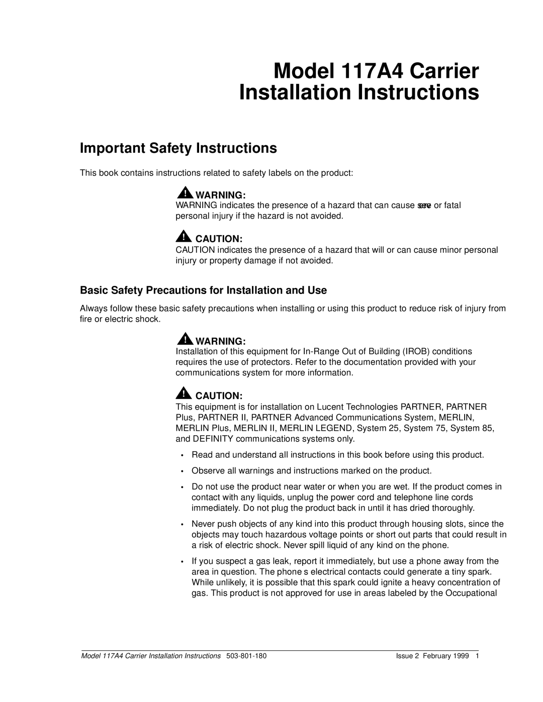 Lucent Technologies Model 117A4 Carrier Installation Instructions, Basic Safety Precautions for Installation and Use 