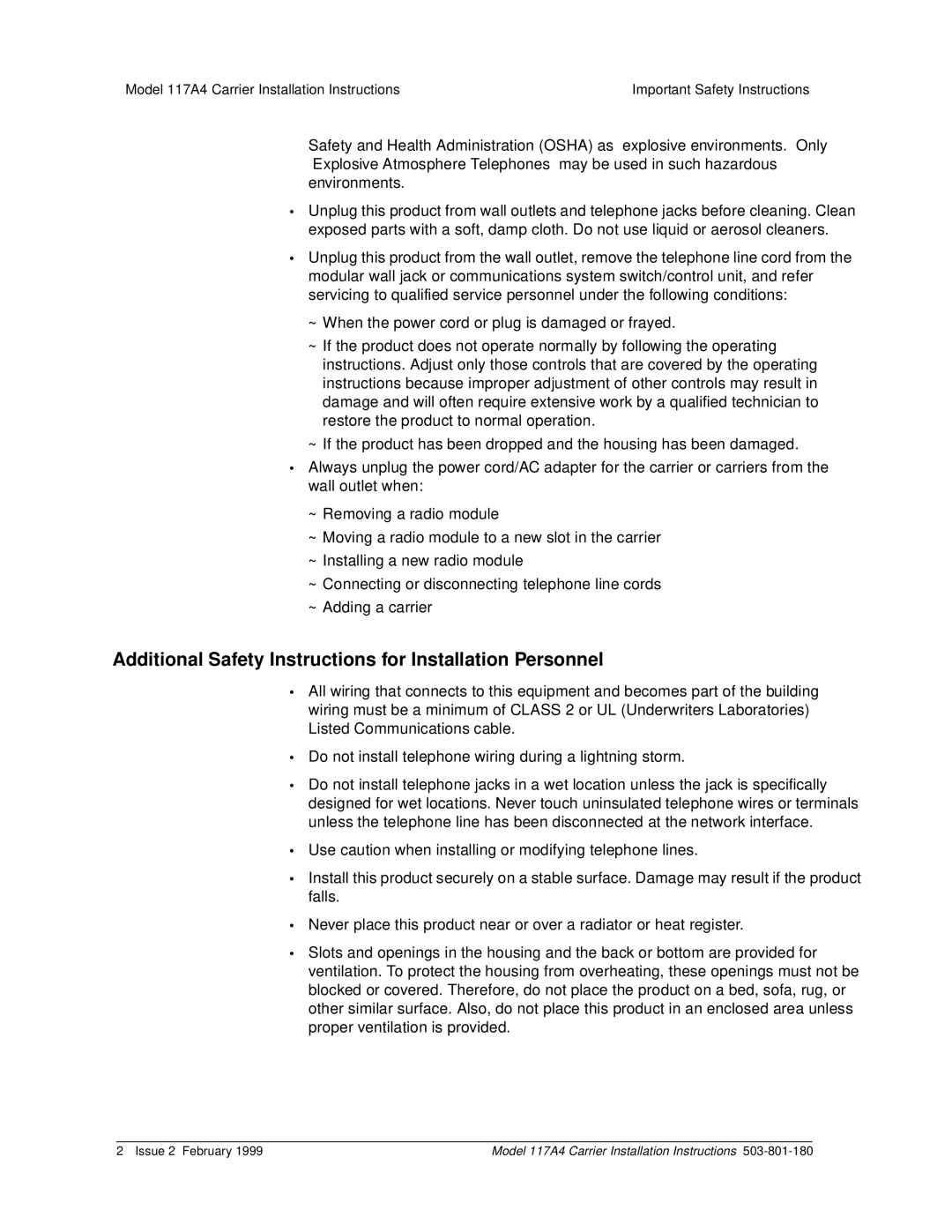 Lucent Technologies 117A4 installation instructions Additional Safety Instructions for Installation Personnel 