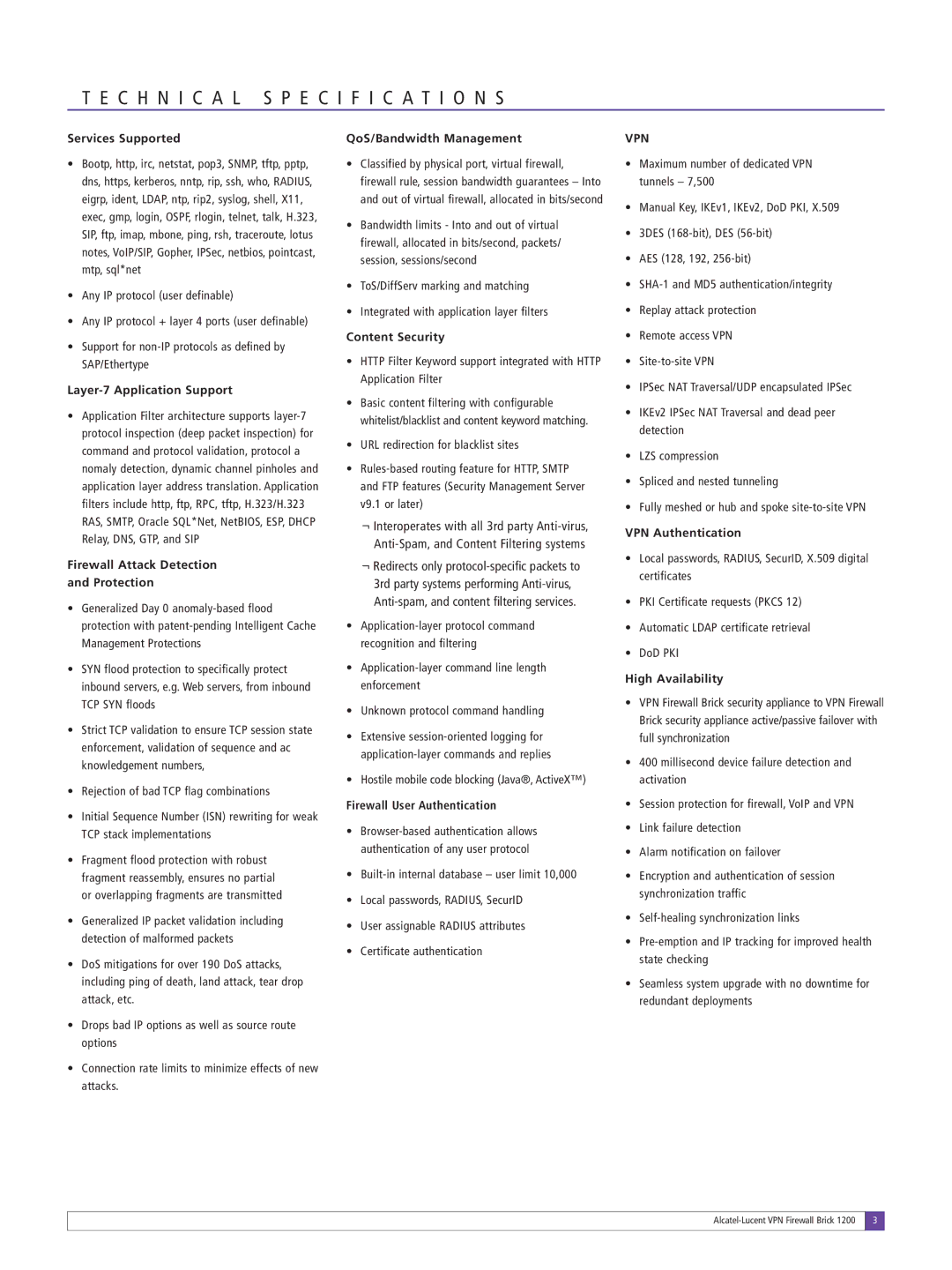 Lucent Technologies 1200 manual Services Supported, Layer-7 Application Support, Firewall Attack Detection Protection 