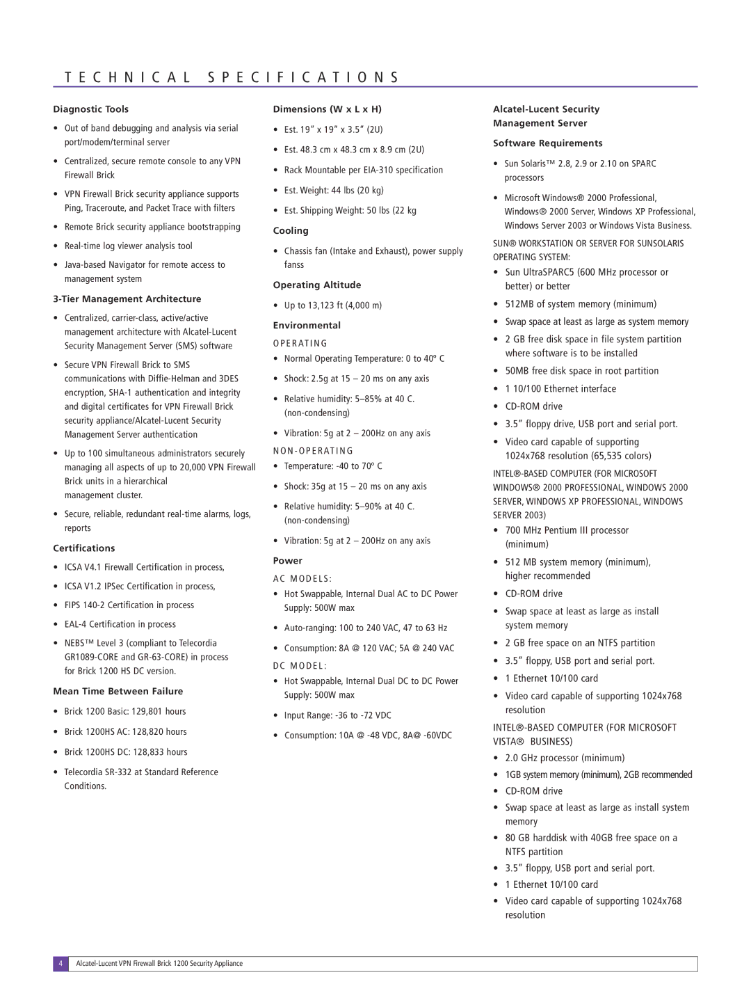 Lucent Technologies 1200 Diagnostic Tools, Tier Management Architecture, Certifications, Mean Time Between Failure, Power 