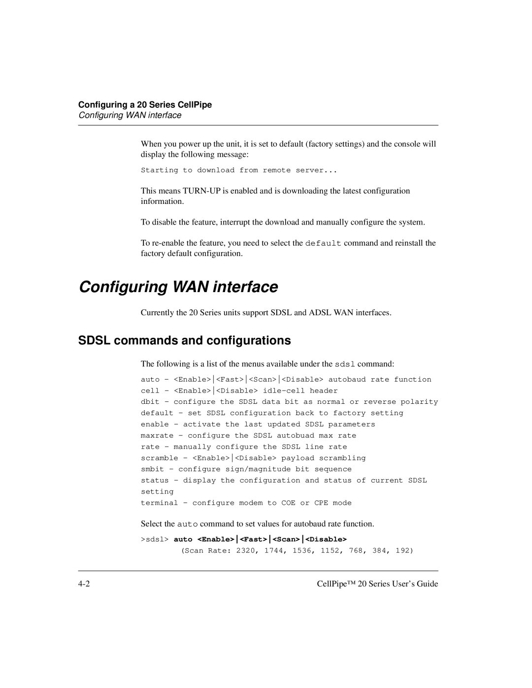 Lucent Technologies 20 manual Configuring WAN interface, Sdsl commands and configurations 