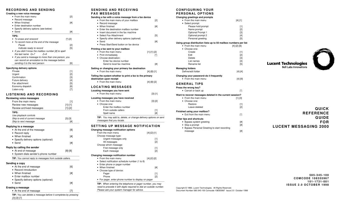 Lucent Technologies 2000 manual C O R D I N G a N D S E N D I N G, N D I N G a N D R E C E I V I N G X M E S S a G E S 