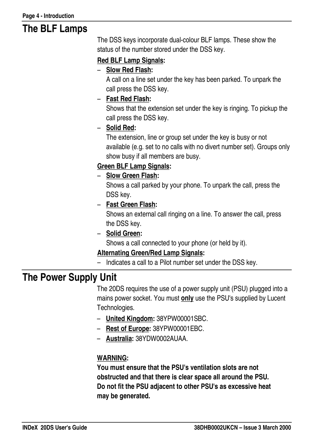 Lucent Technologies 20DS manual BLF Lamps, Power Supply Unit 