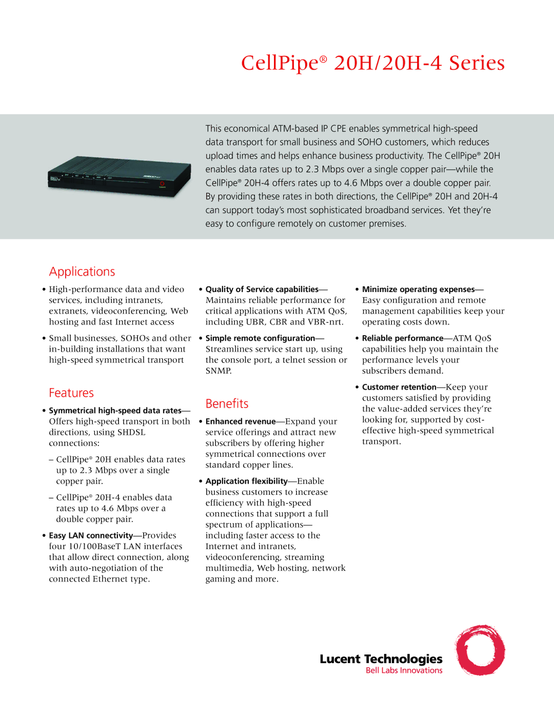 Lucent Technologies 20H-4 manual Applications, Features, Benefits 