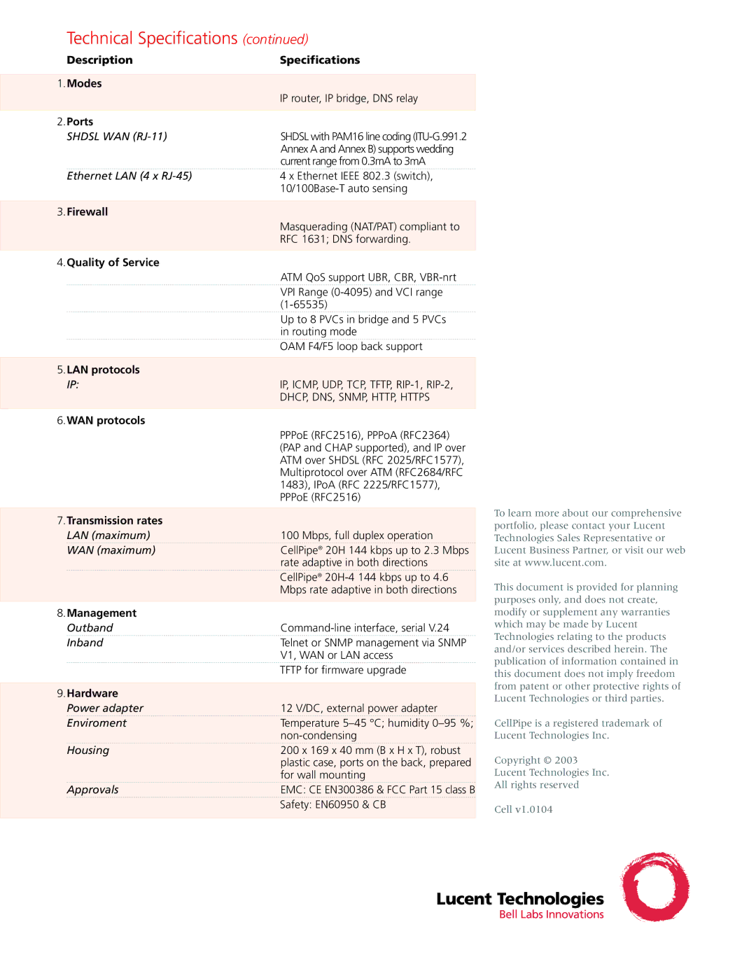 Lucent Technologies 20H-4 manual Technical Specifications, Management, Hardware 