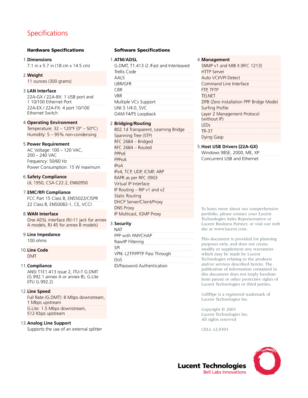 Lucent Technologies 22A Series manual Specifications 