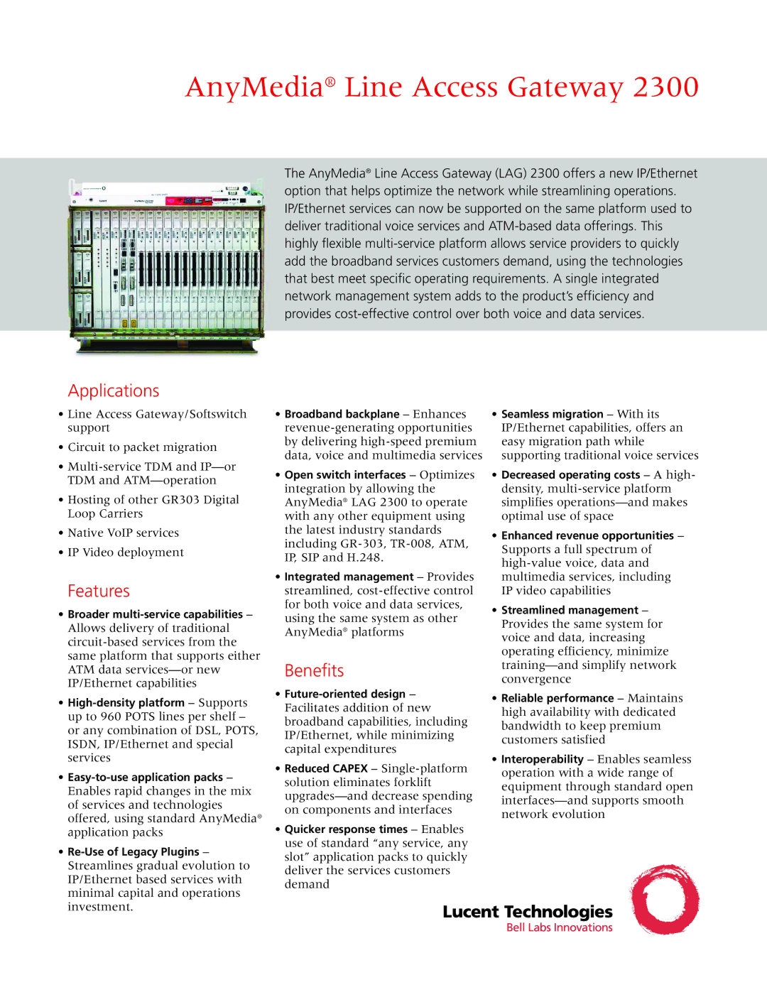 Lucent Technologies 2300 manual Applications, Features, Benefits 