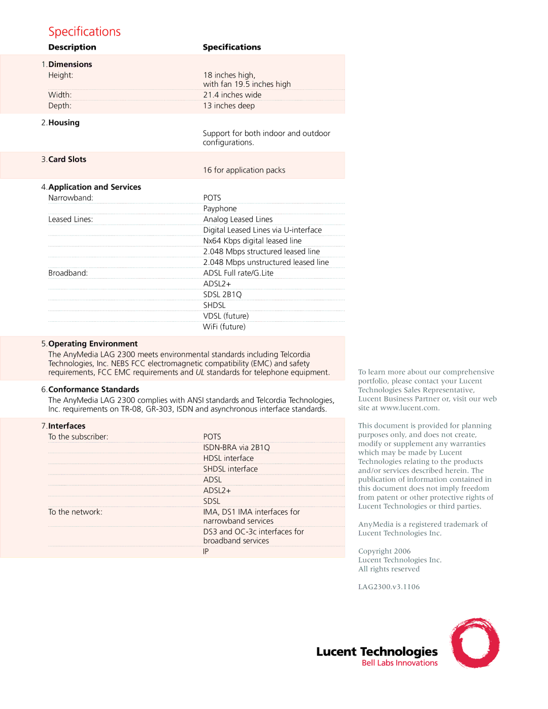 Lucent Technologies 2300 manual Specifications 