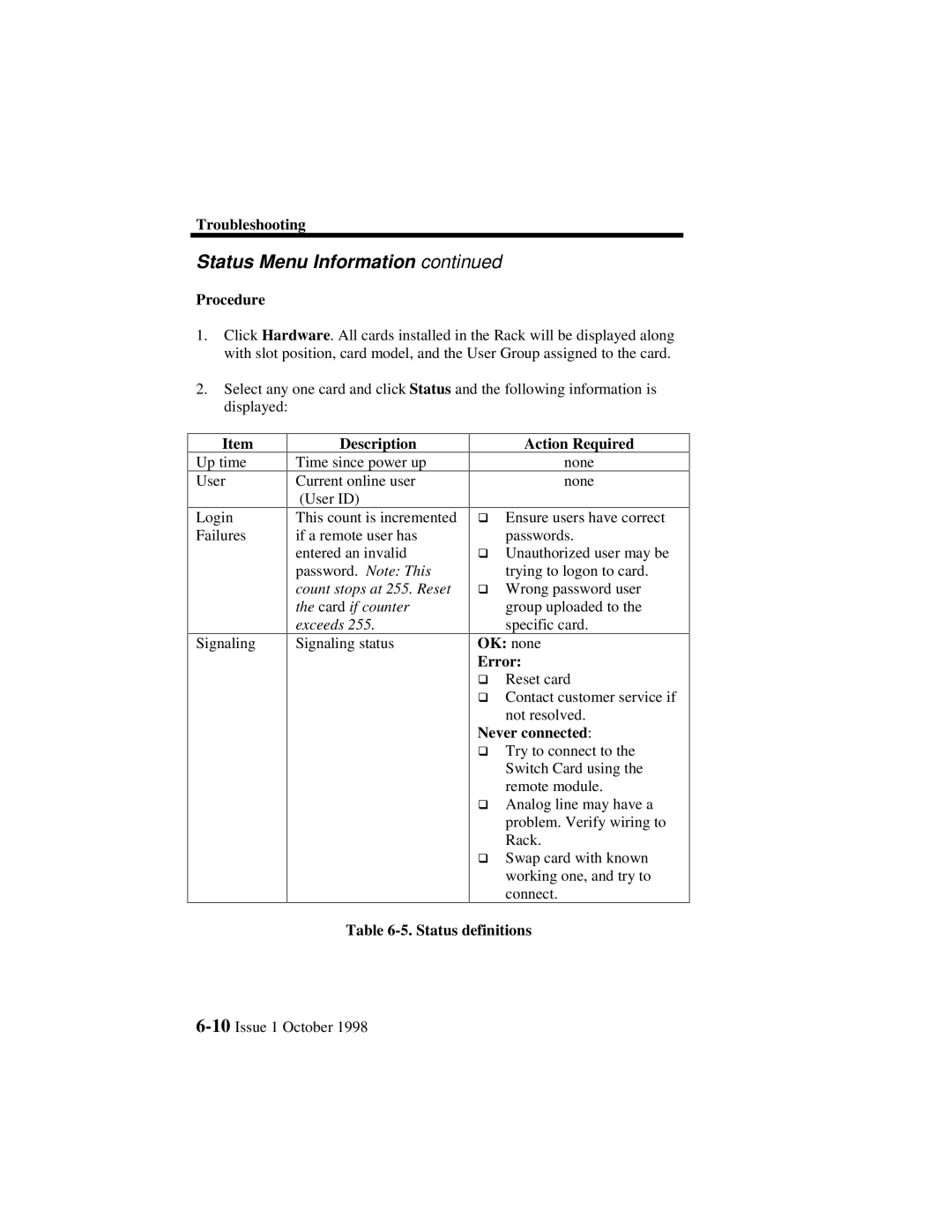 Lucent Technologies 3000, 3100 manual Action Required, OK none Error, Never connected, Status definitions 