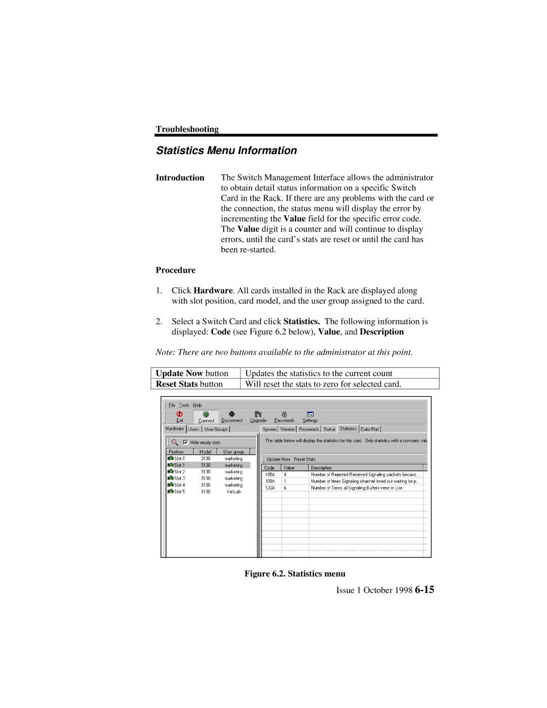 Lucent Technologies 3100, 3000 manual Statistics Menu Information, Update Now button Reset Stats button 