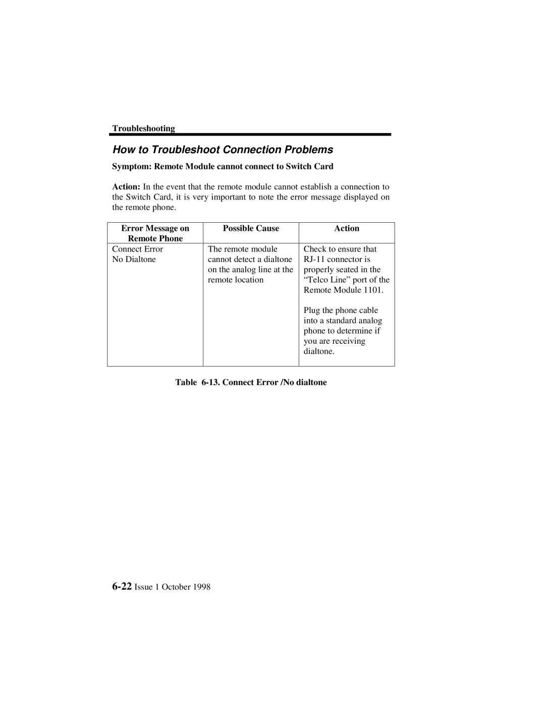 Lucent Technologies 3000 How to Troubleshoot Connection Problems, Symptom Remote Module cannot connect to Switch Card 