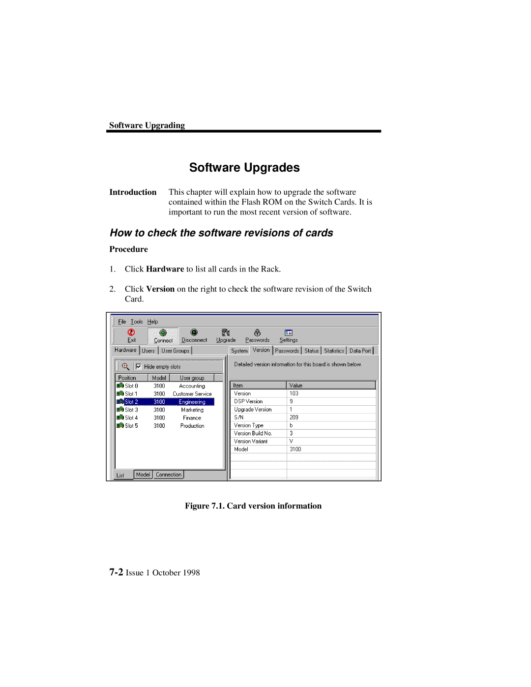 Lucent Technologies 3000, 3100 manual How to check the software revisions of cards, Software Upgrading 