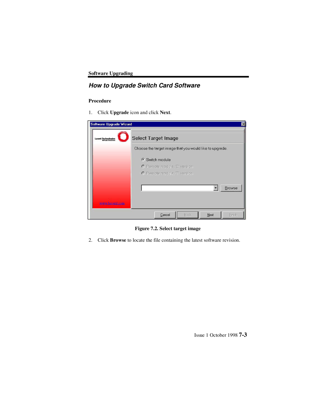 Lucent Technologies 3100, 3000 manual How to Upgrade Switch Card Software, Select target image 