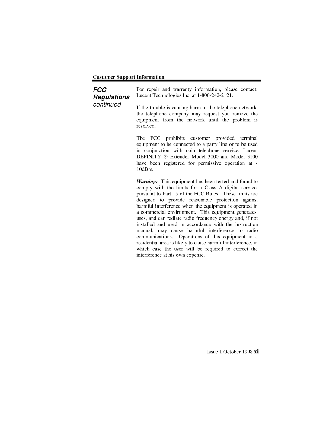 Lucent Technologies 3100, 3000 manual FCC Regulations 