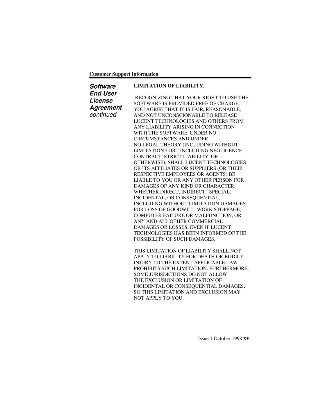 Lucent Technologies 3100, 3000 manual Limitation of Liability 