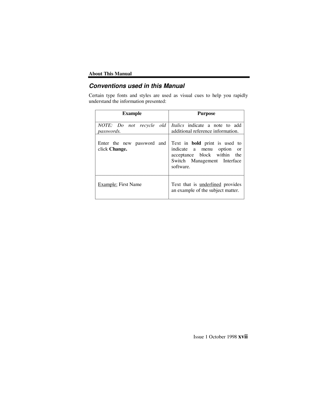 Lucent Technologies 3100, 3000 manual Conventions used in this Manual, Example Purpose 