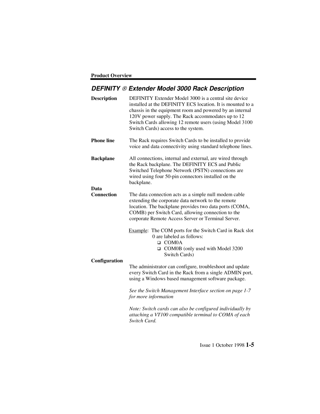 Lucent Technologies 3100 manual Definity Extender Model 3000 Rack Description, Data, Configuration 