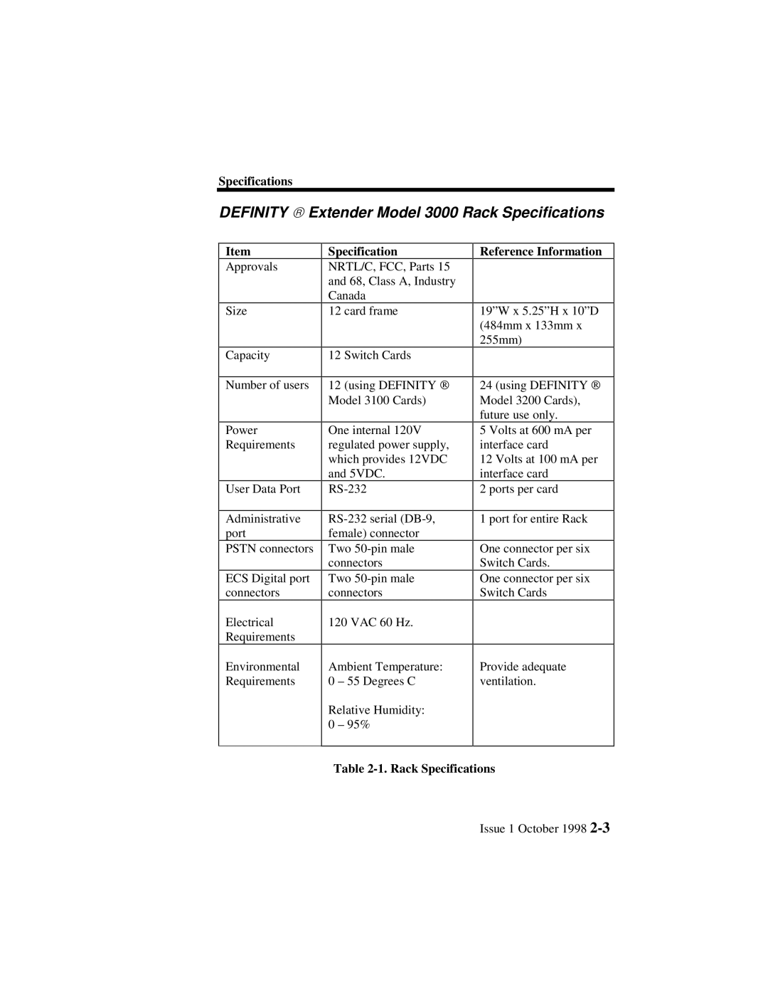 Lucent Technologies 3100 manual Definity â Extender Model 3000 Rack Specifications, Reference Information 