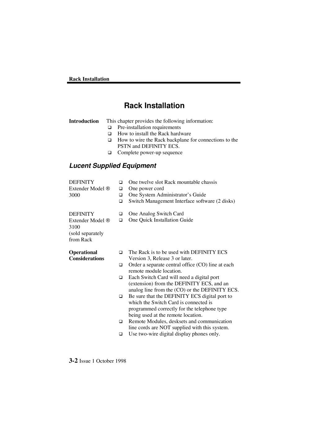 Lucent Technologies 3000, 3100 manual Lucent Supplied Equipment, Rack Installation, Operational, Considerations 