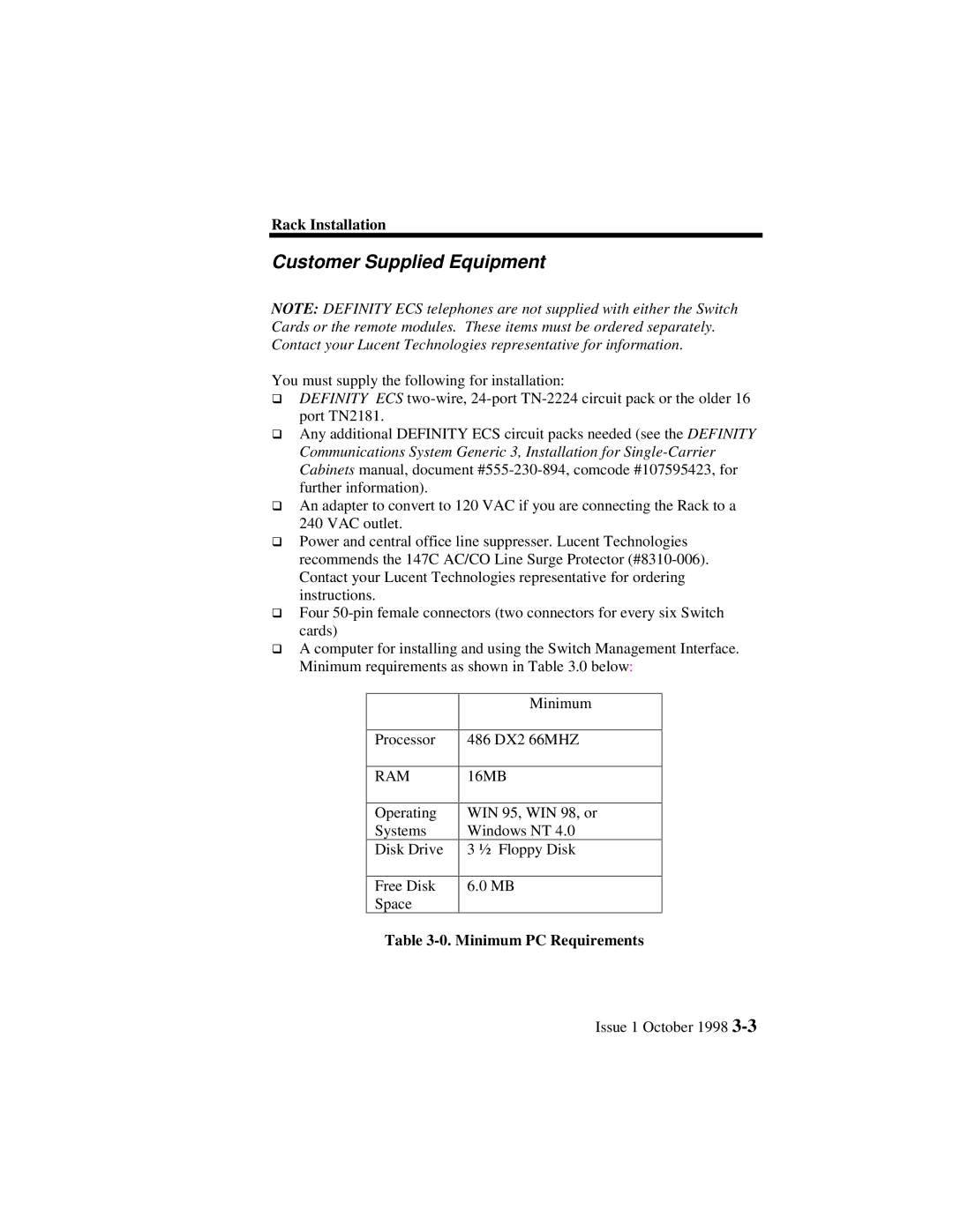 Lucent Technologies 3100, 3000 manual Customer Supplied Equipment, Minimum PC Requirements 