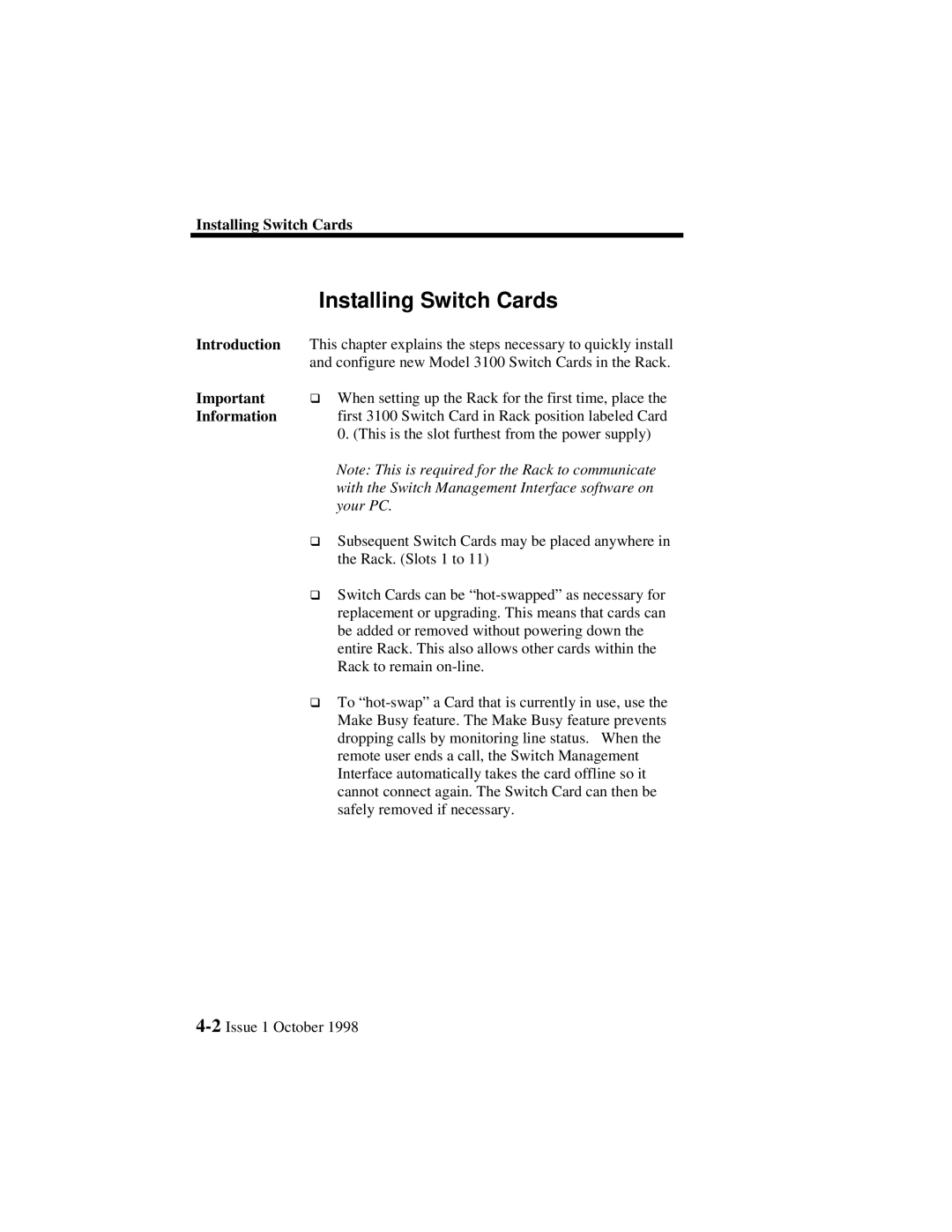 Lucent Technologies 3000, 3100 manual Installing Switch Cards, Information 