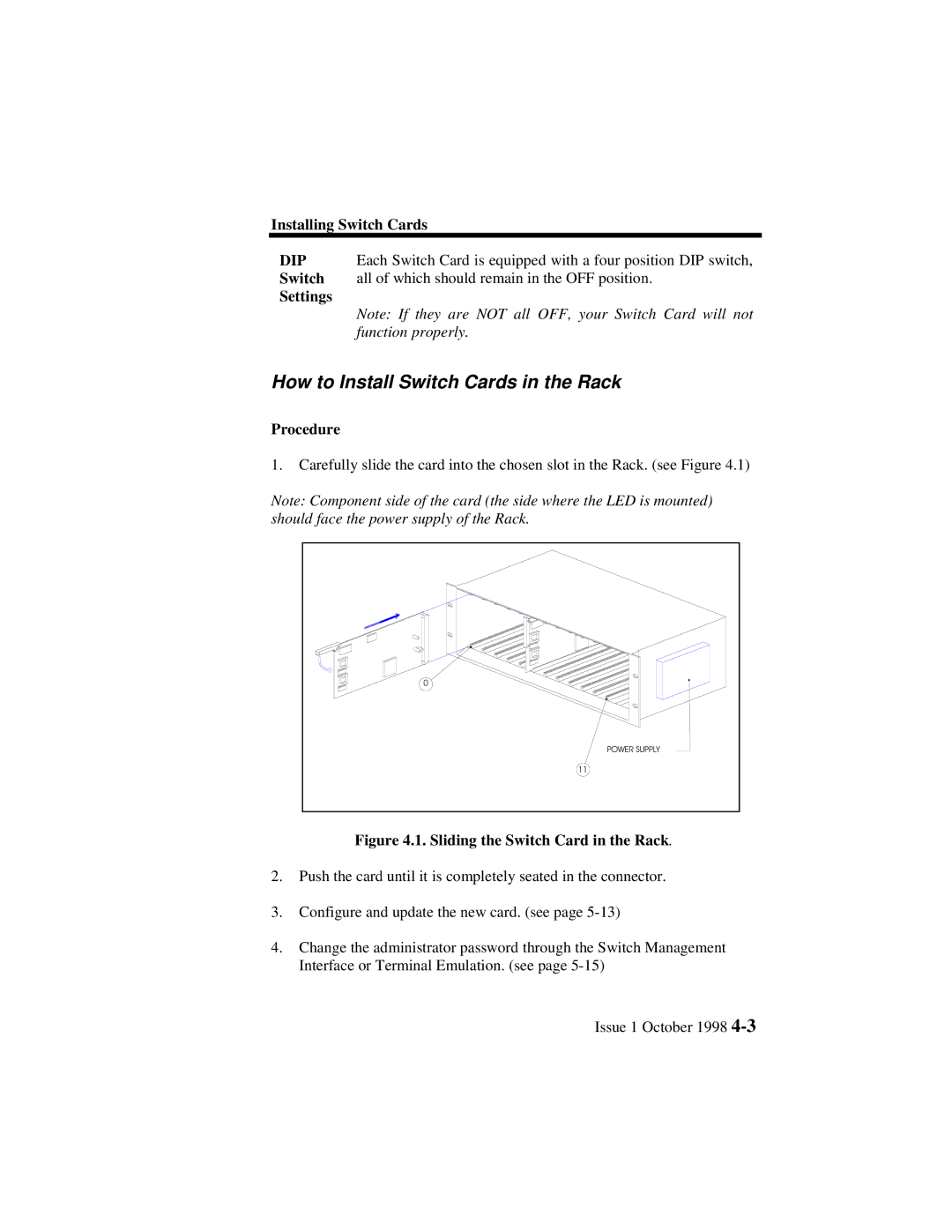 Lucent Technologies 3100, 3000 manual How to Install Switch Cards in the Rack, Settings, Procedure 