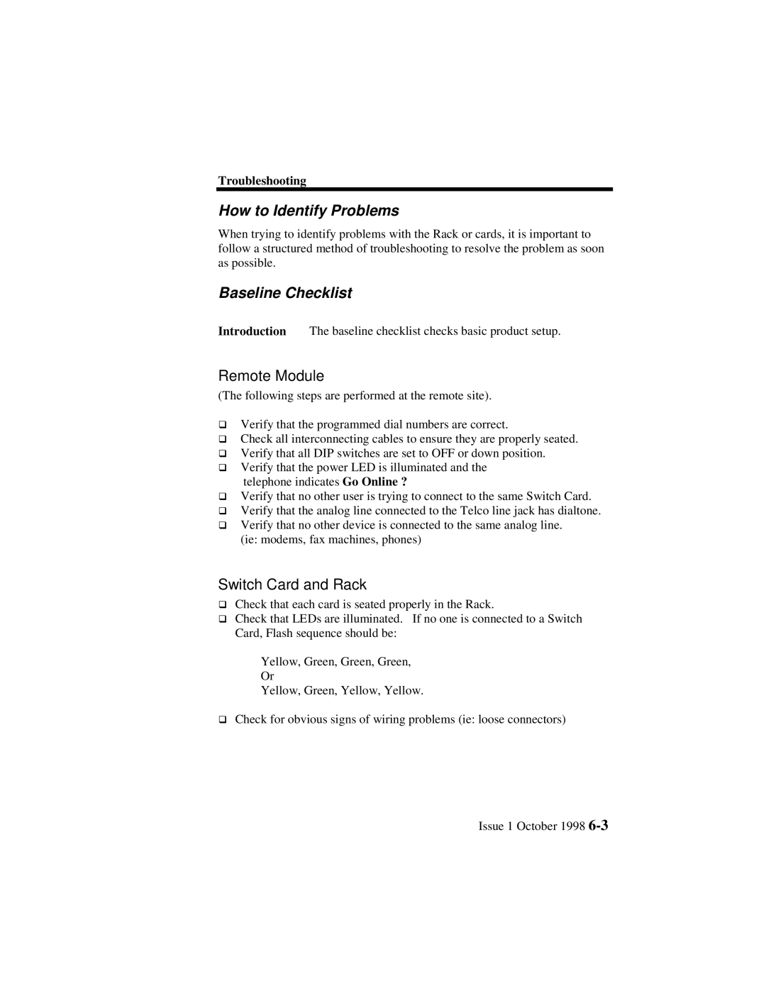 Lucent Technologies 3100, 3000 manual How to Identify Problems, Baseline Checklist 