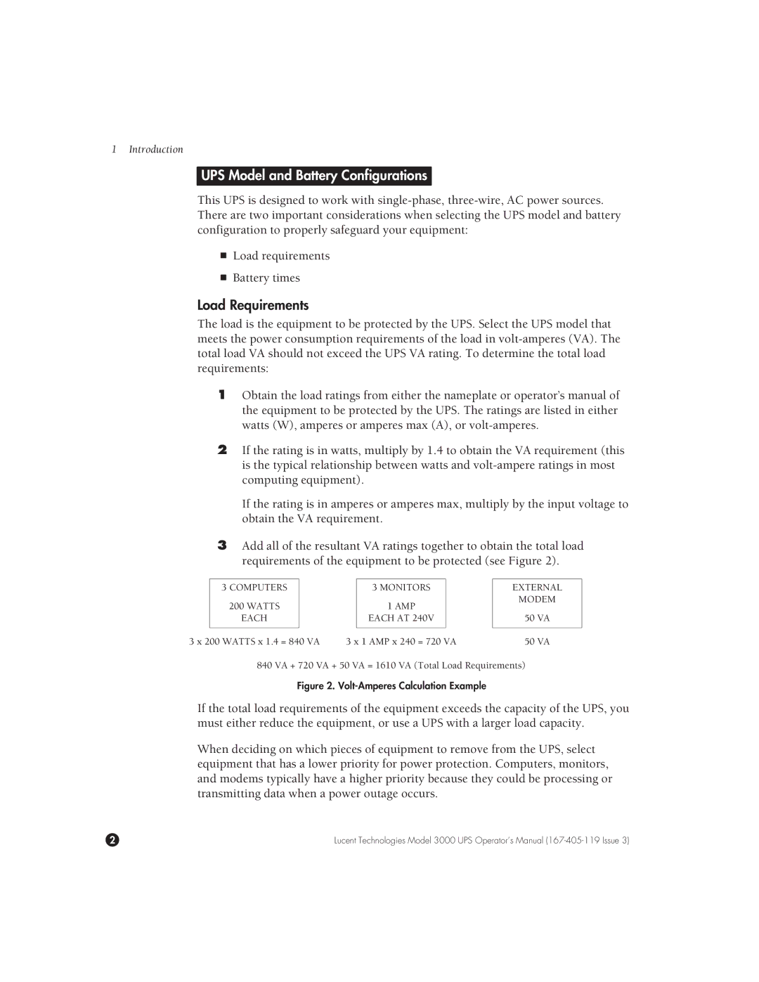 Lucent Technologies 3000 VA manual UPS Model and Battery Configurations, Load Requirements 