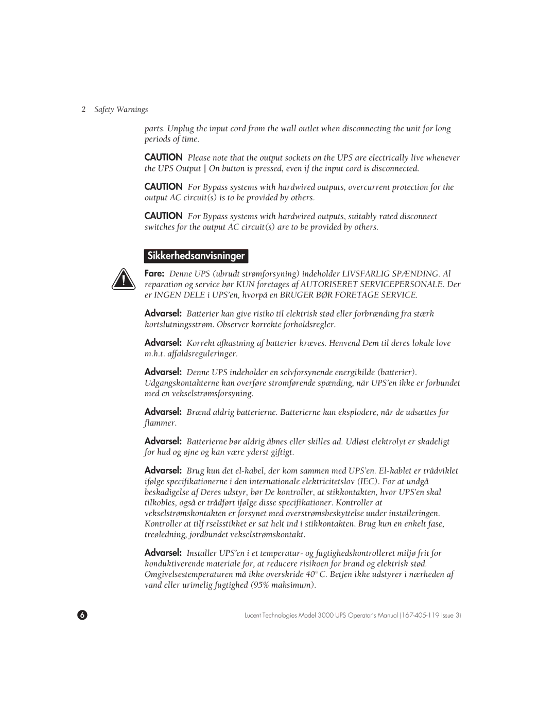 Lucent Technologies 3000 VA manual Sikkerhedsanvisninger 