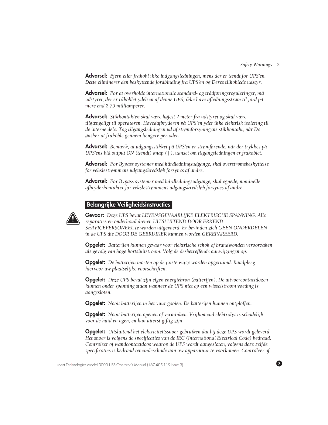 Lucent Technologies 3000 VA manual Belangrijke Veiligheidsinstructies 