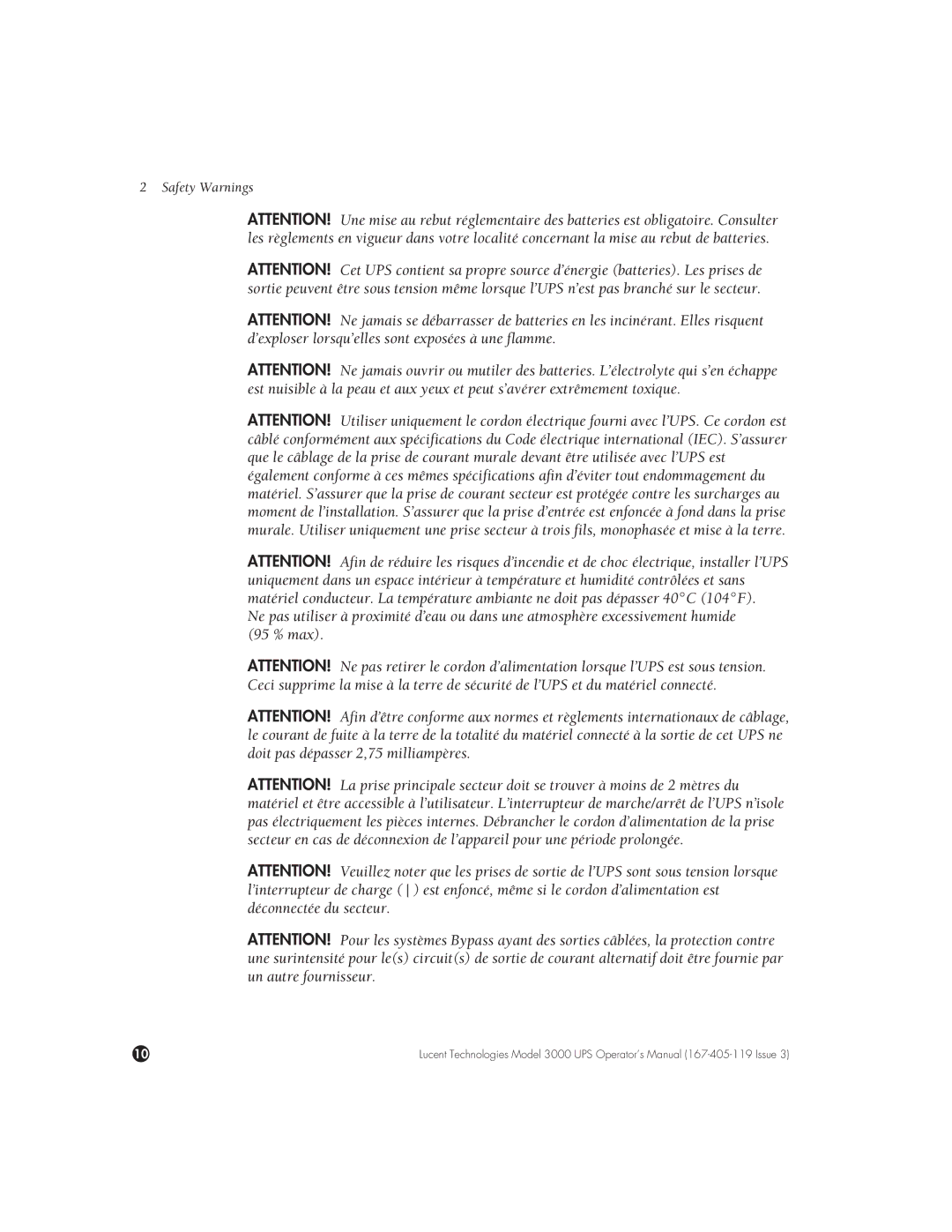 Lucent Technologies 3000 VA manual Safety Warnings 