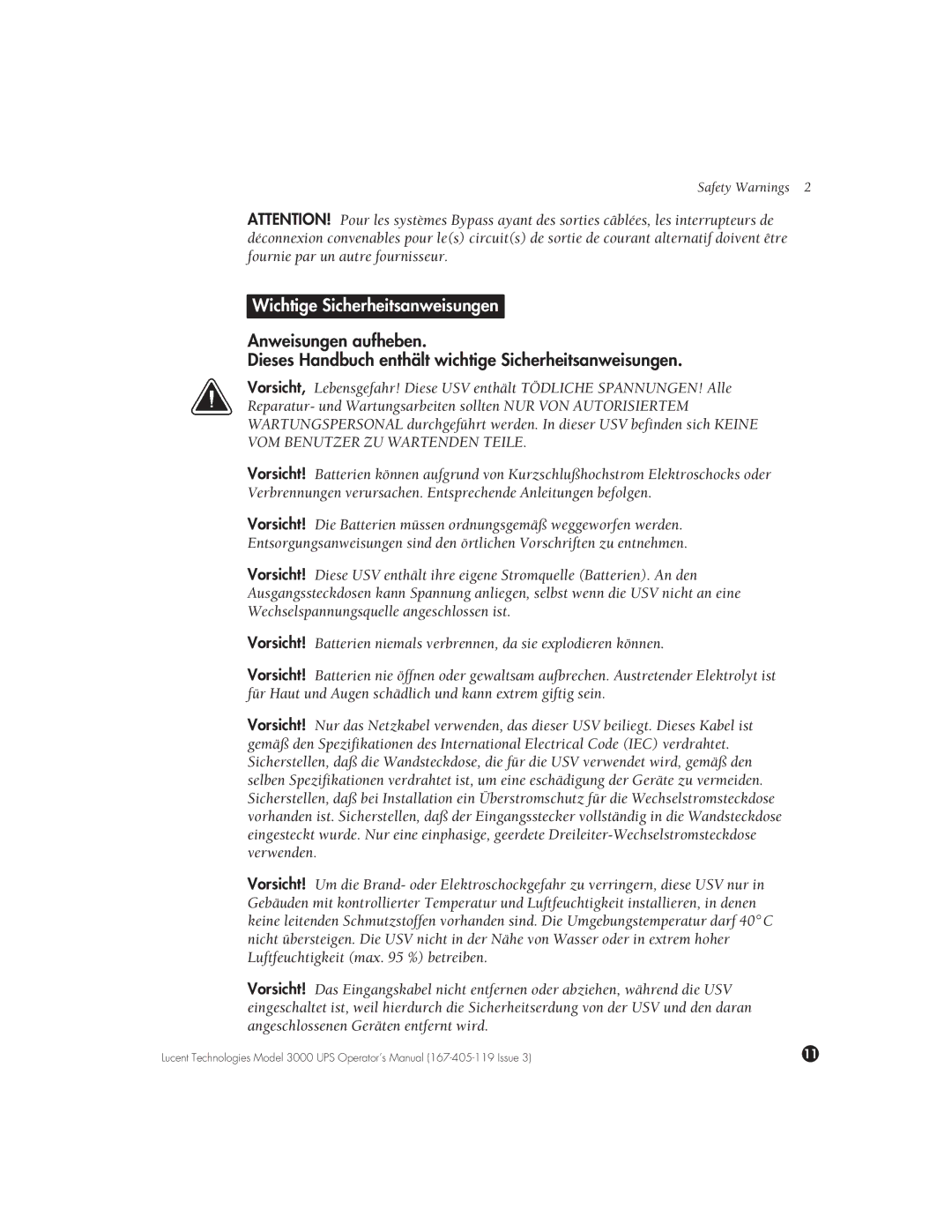 Lucent Technologies 3000 VA manual Wichtige Sicherheitsanweisungen 