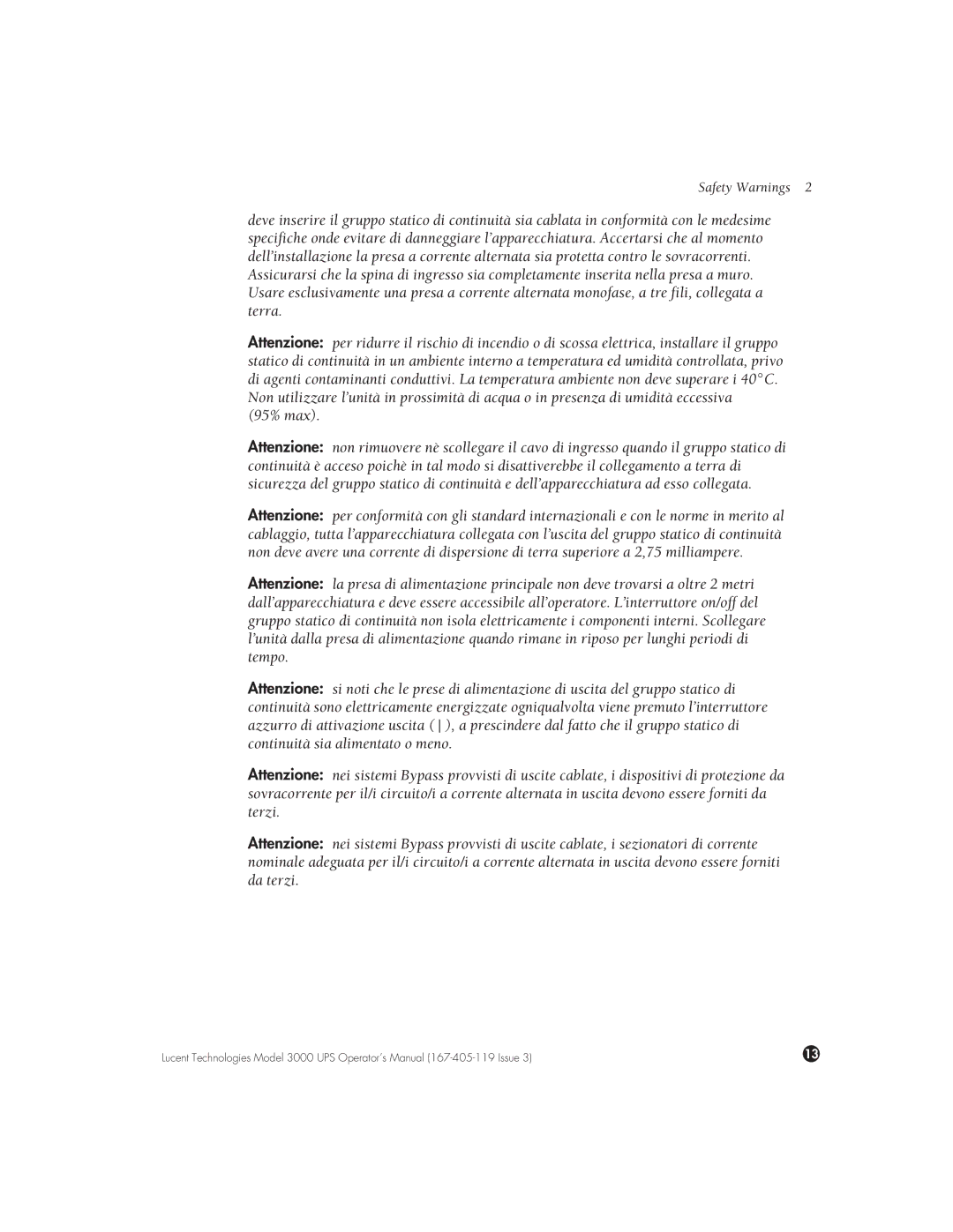 Lucent Technologies 3000 VA manual Safety Warnings 