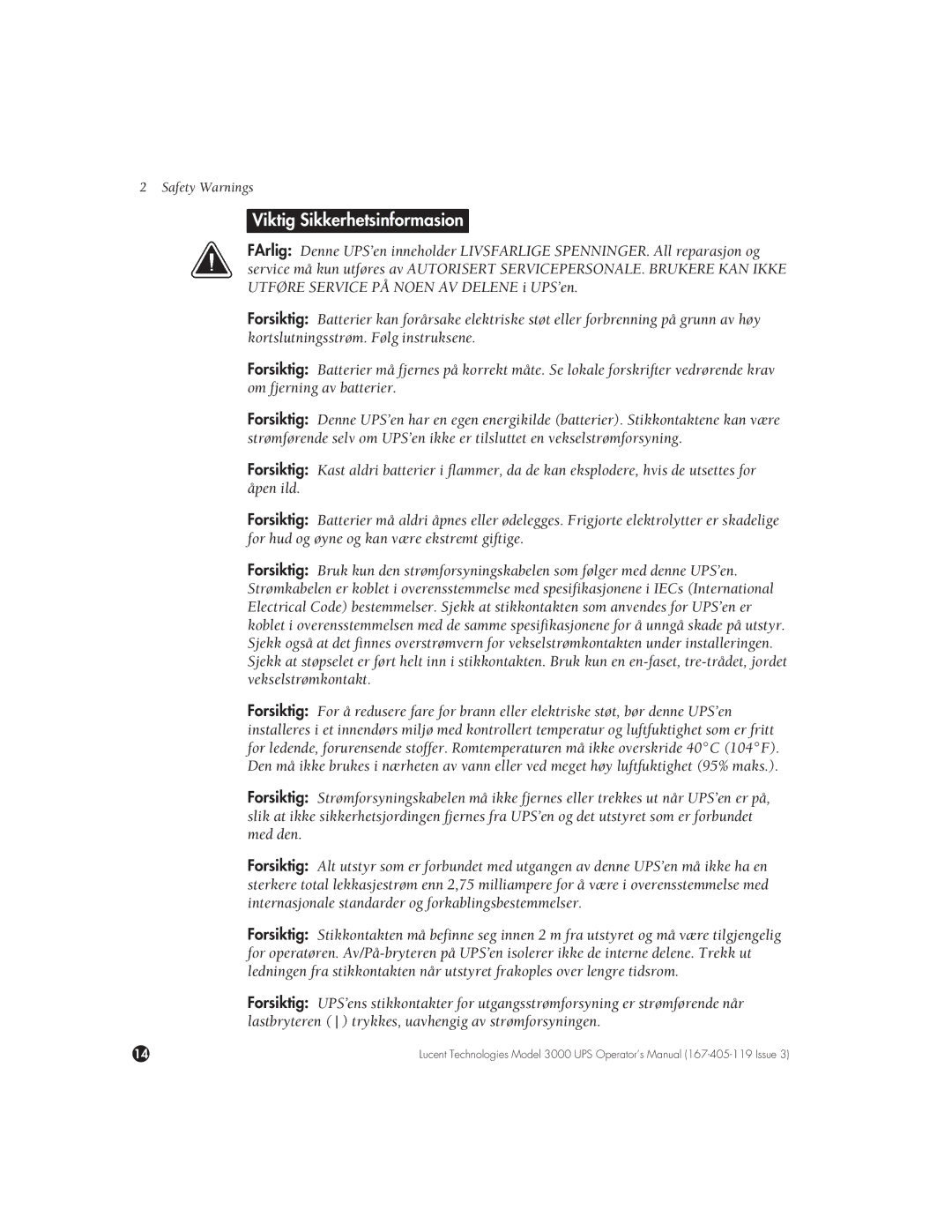 Lucent Technologies 3000 VA manual Viktig Sikkerhetsinformasion 