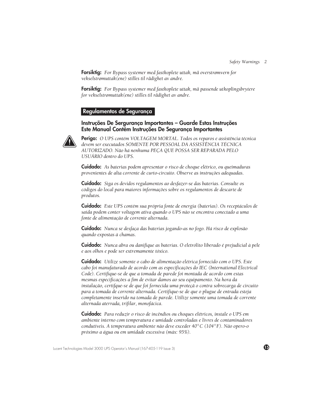 Lucent Technologies 3000 VA manual Regulamentos de Segurança 