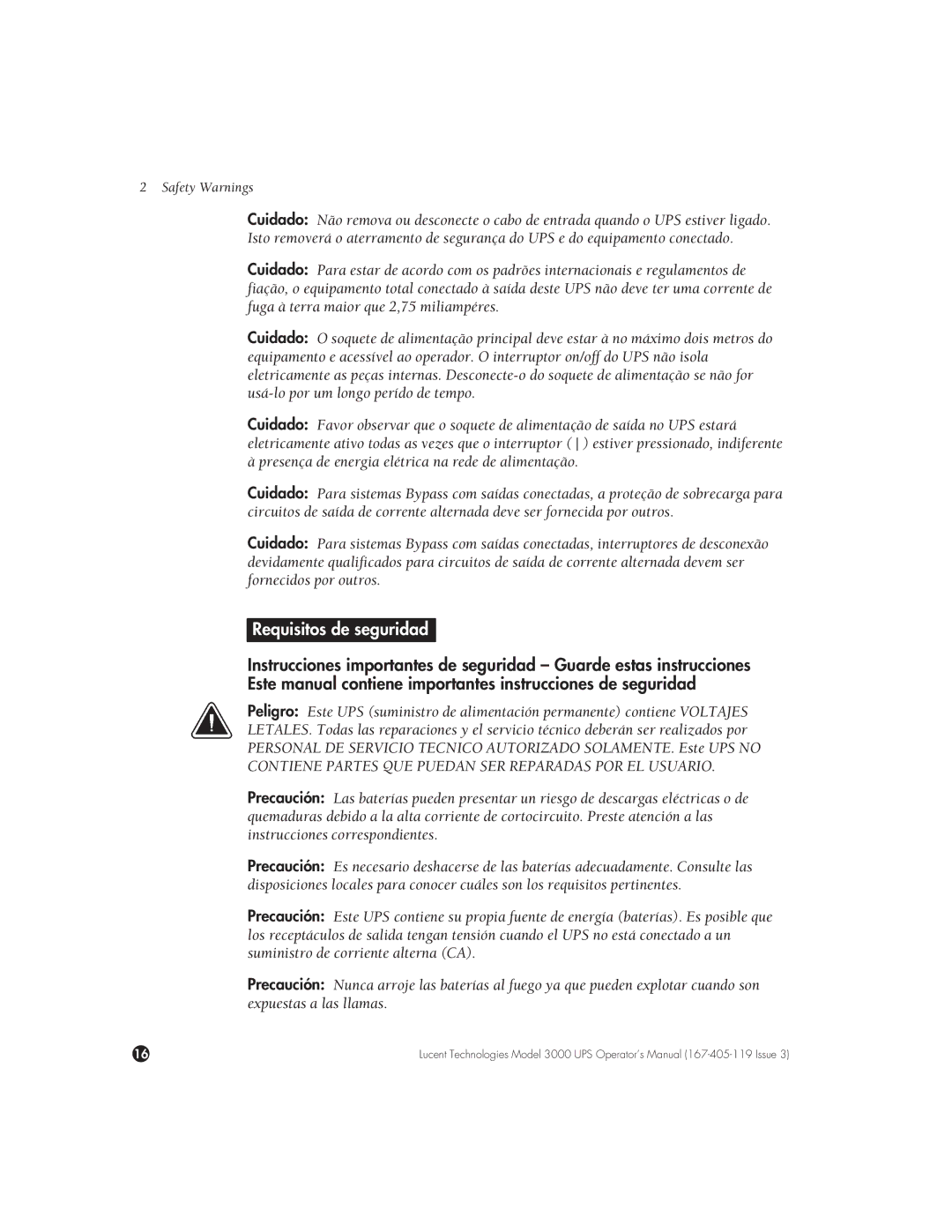 Lucent Technologies 3000 VA manual Requisitos de seguridad, Afety Warnings 