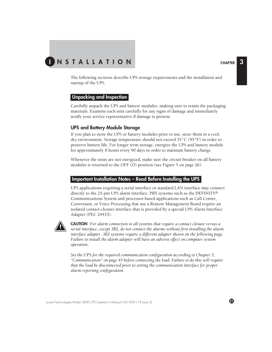 Lucent Technologies 3000 VA manual Nstallation, Unpacking and Inspection, UPS and Battery Module Storage 