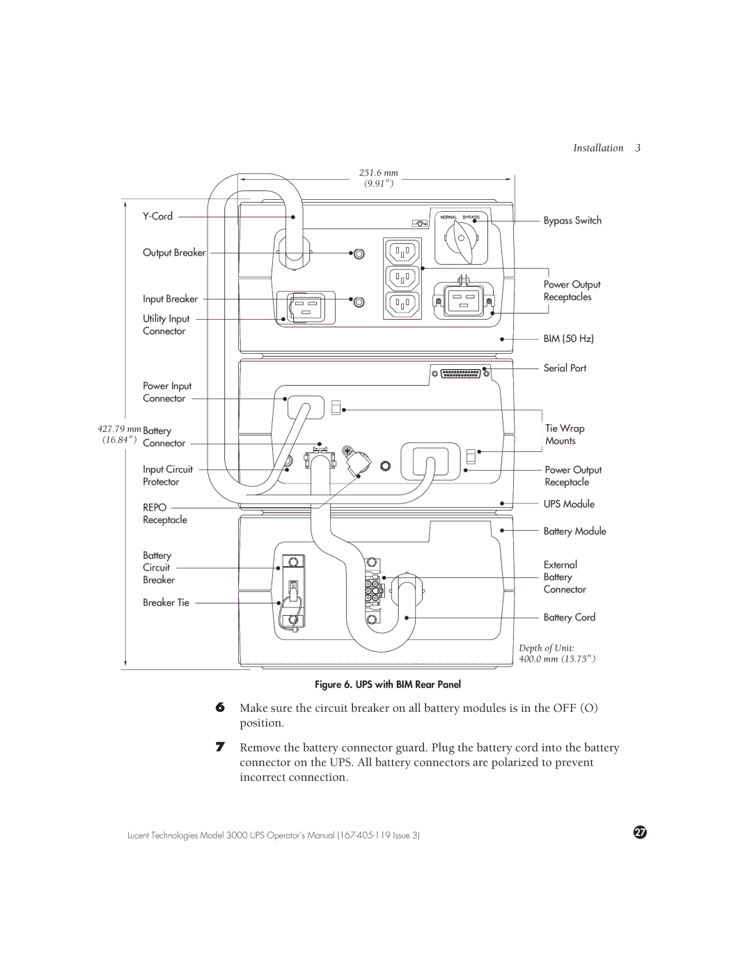 Lucent Technologies 3000 VA manual UPS with BIM Rear Panel 