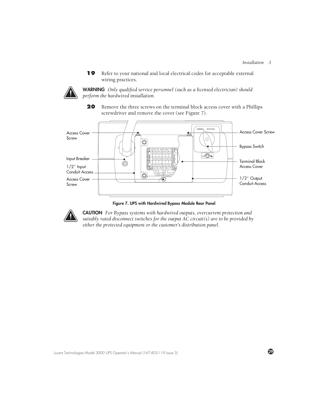 Lucent Technologies 3000 VA manual UPS with Hardwired Bypass Module Rear Panel 