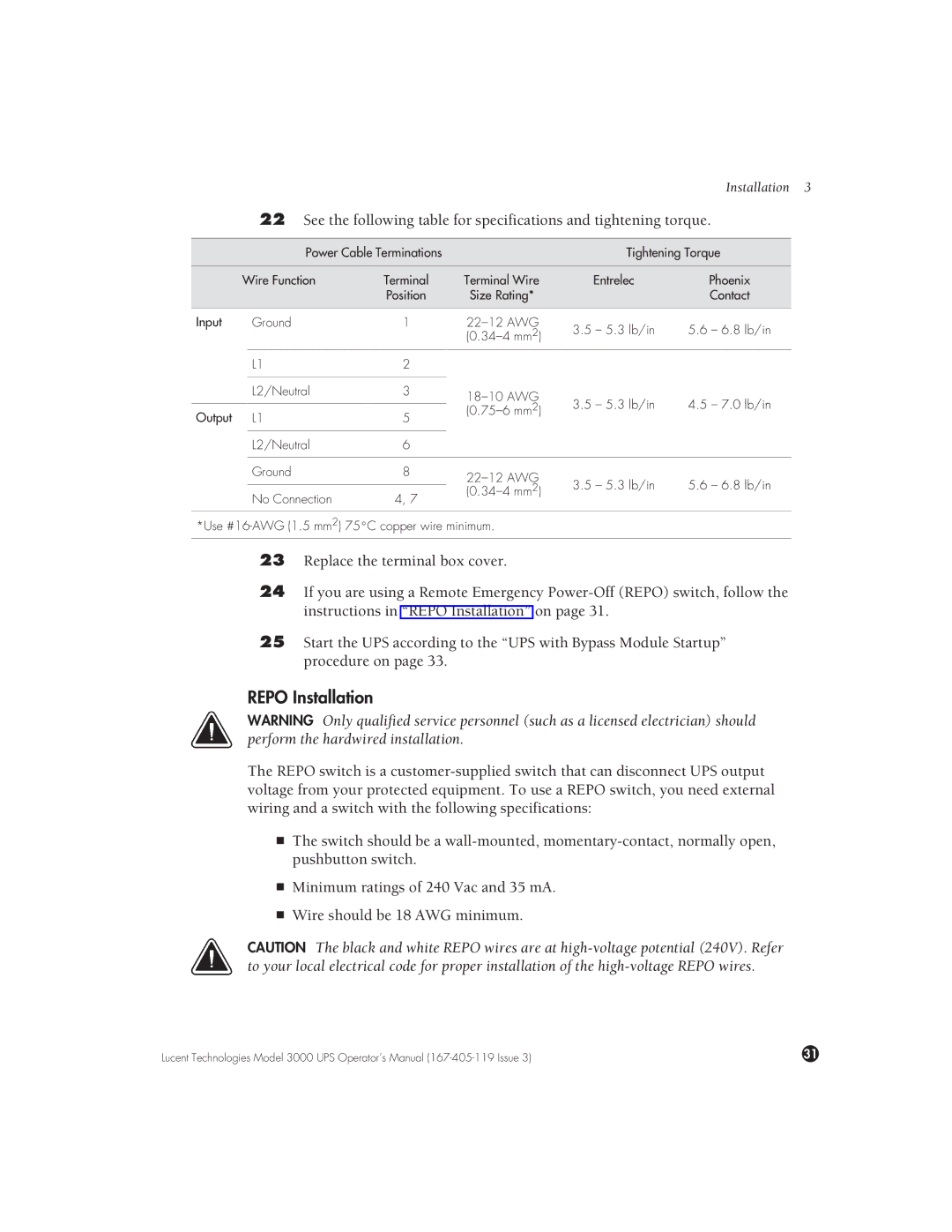 Lucent Technologies 3000 VA manual Repo Installation 