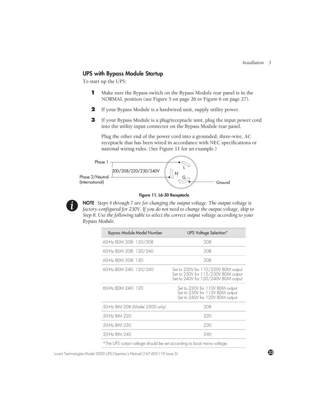 Lucent Technologies 3000 VA manual UPS with Bypass Module Startup, Phase 200/208/220/230/240V 