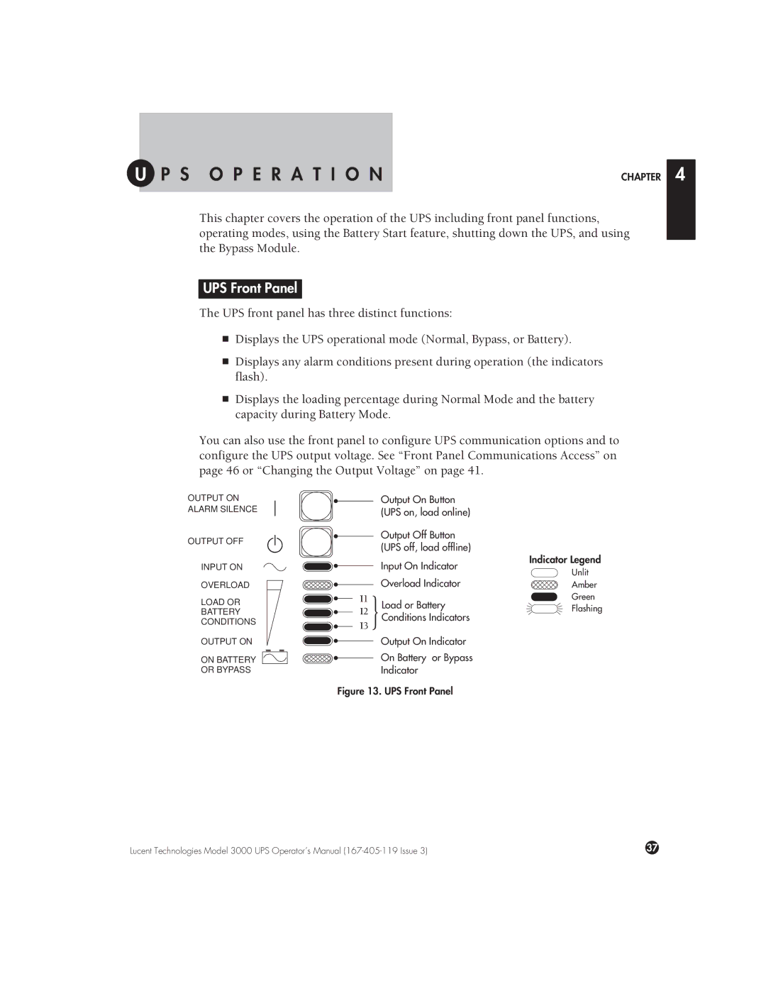 Lucent Technologies 3000 VA manual S!!! O!!P!!E!!R!!A!!T!!I!!O!!N, UPS Front Panel 