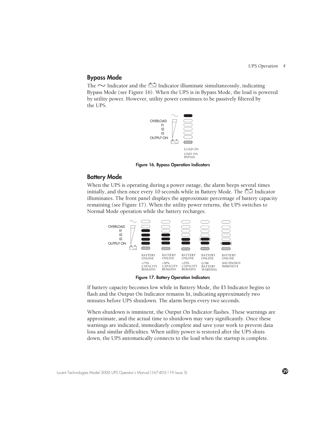 Lucent Technologies 3000 VA manual Bypass Mode, Battery Mode 