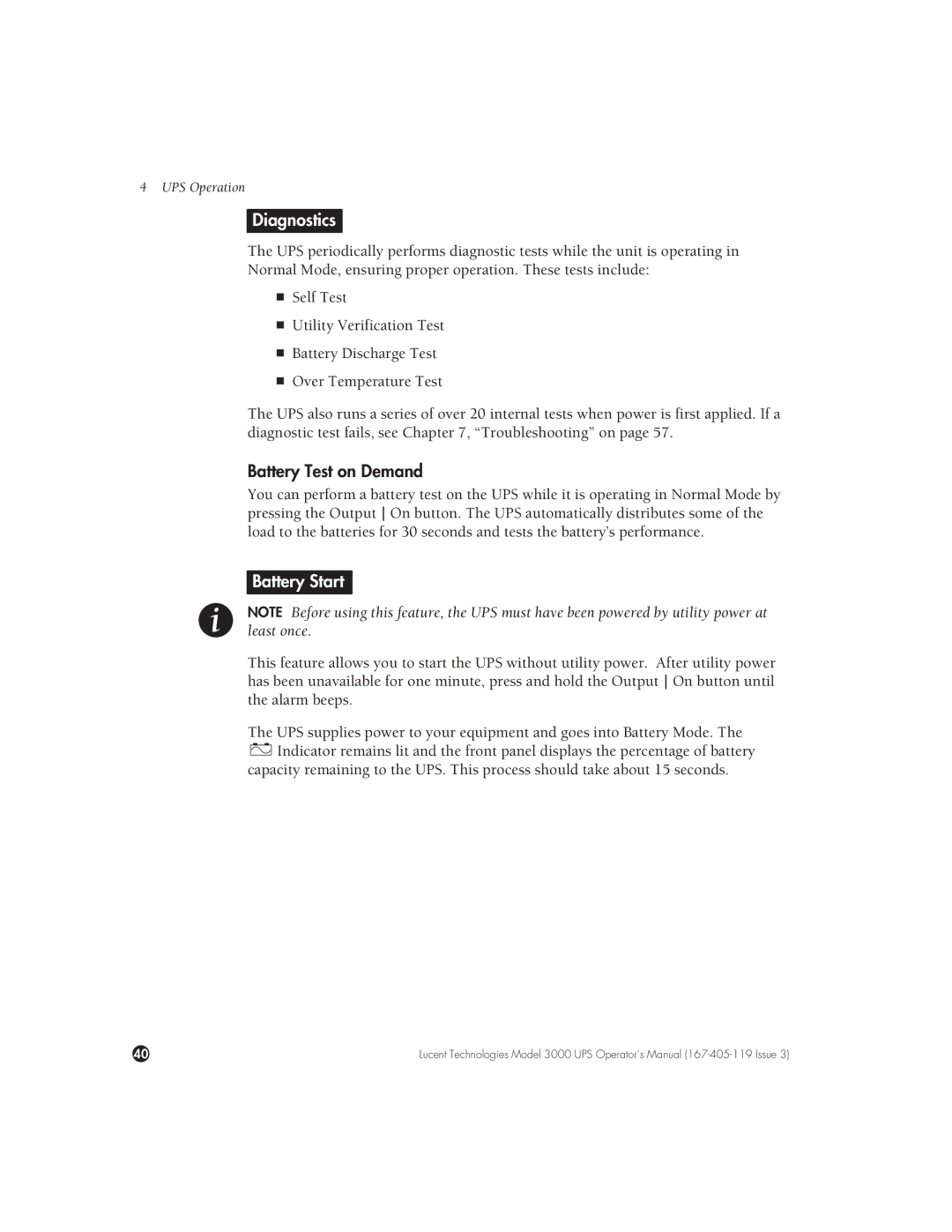 Lucent Technologies 3000 VA manual Diagnostics, Battery Test on Demand, Battery Start 