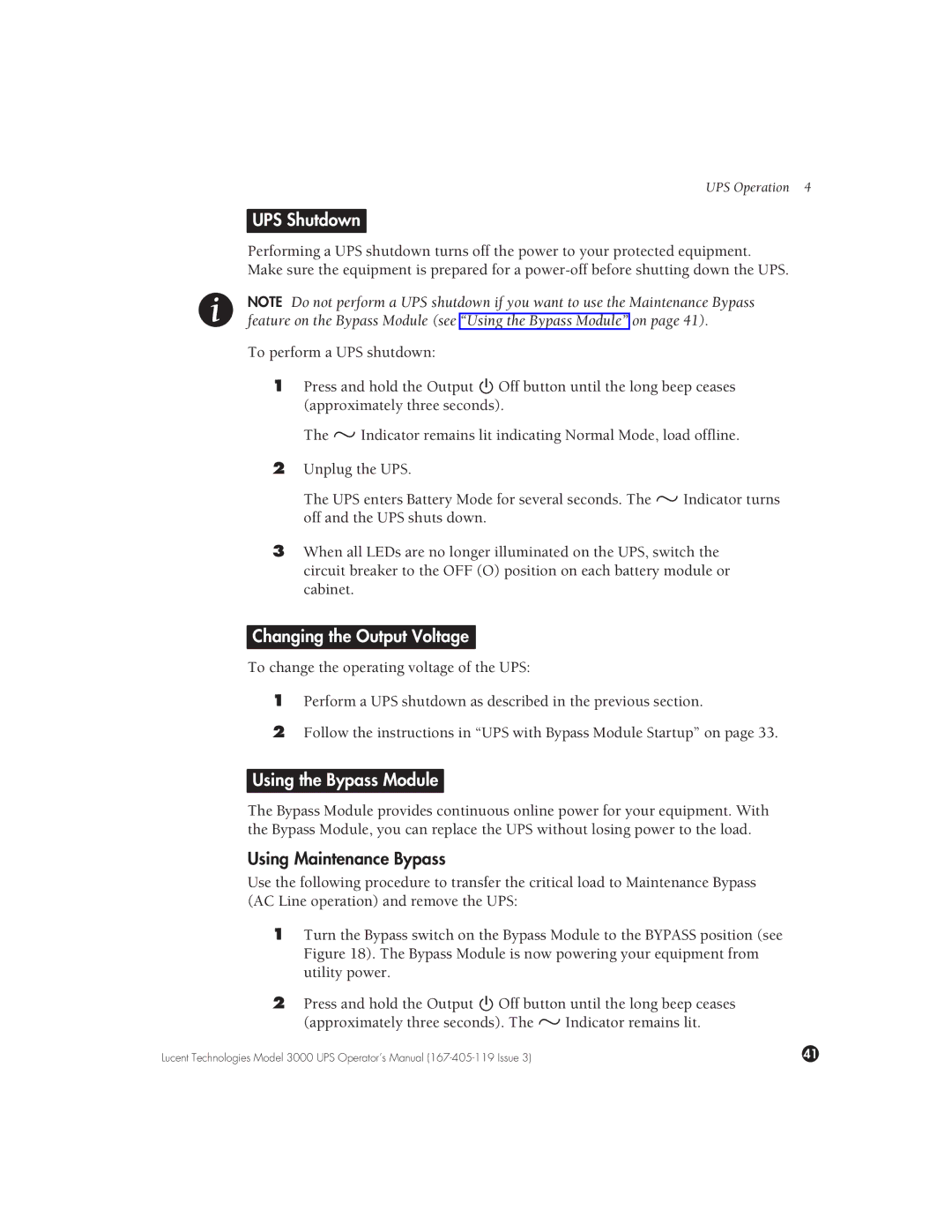 Lucent Technologies 3000 VA UPS Shutdown, Changing the Output Voltage, Using the Bypass Module, Using Maintenance Bypass 