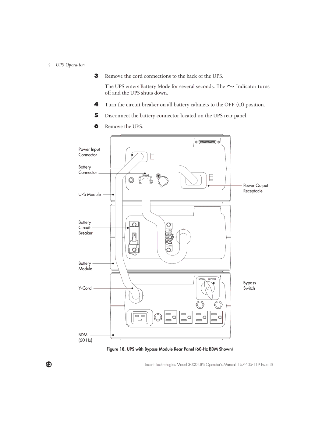 Lucent Technologies 3000 VA manual UPS with Bypass Module Rear Panel 6%Hz BDM Shown 