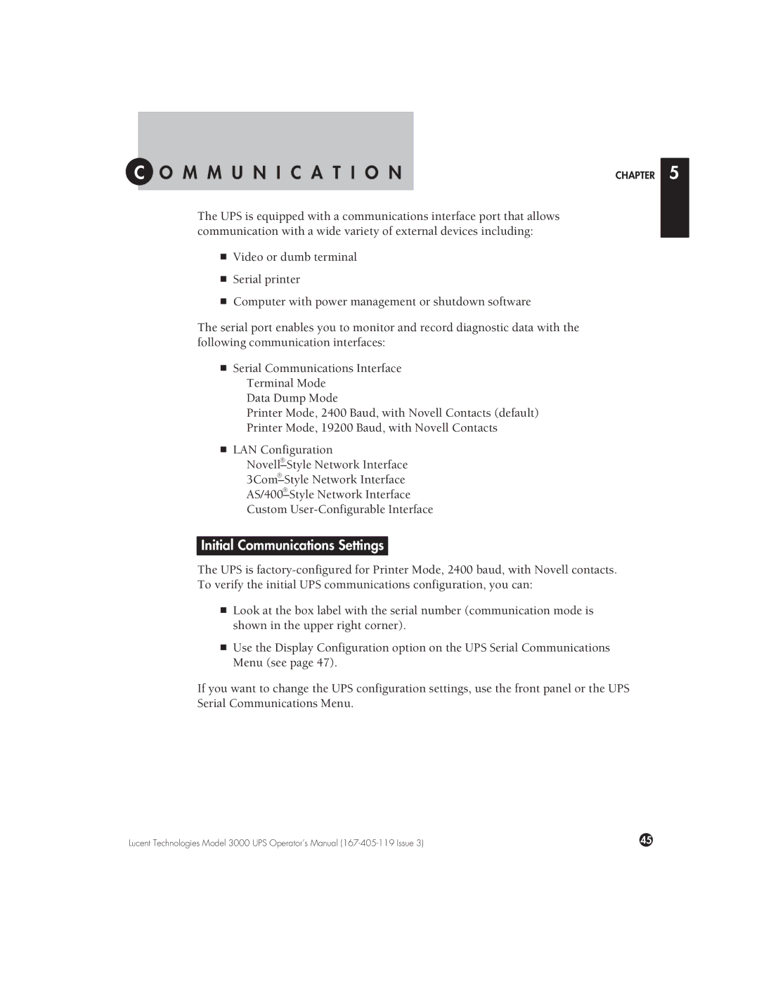 Lucent Technologies 3000 VA manual Ommunication, Initial Communications Settings 