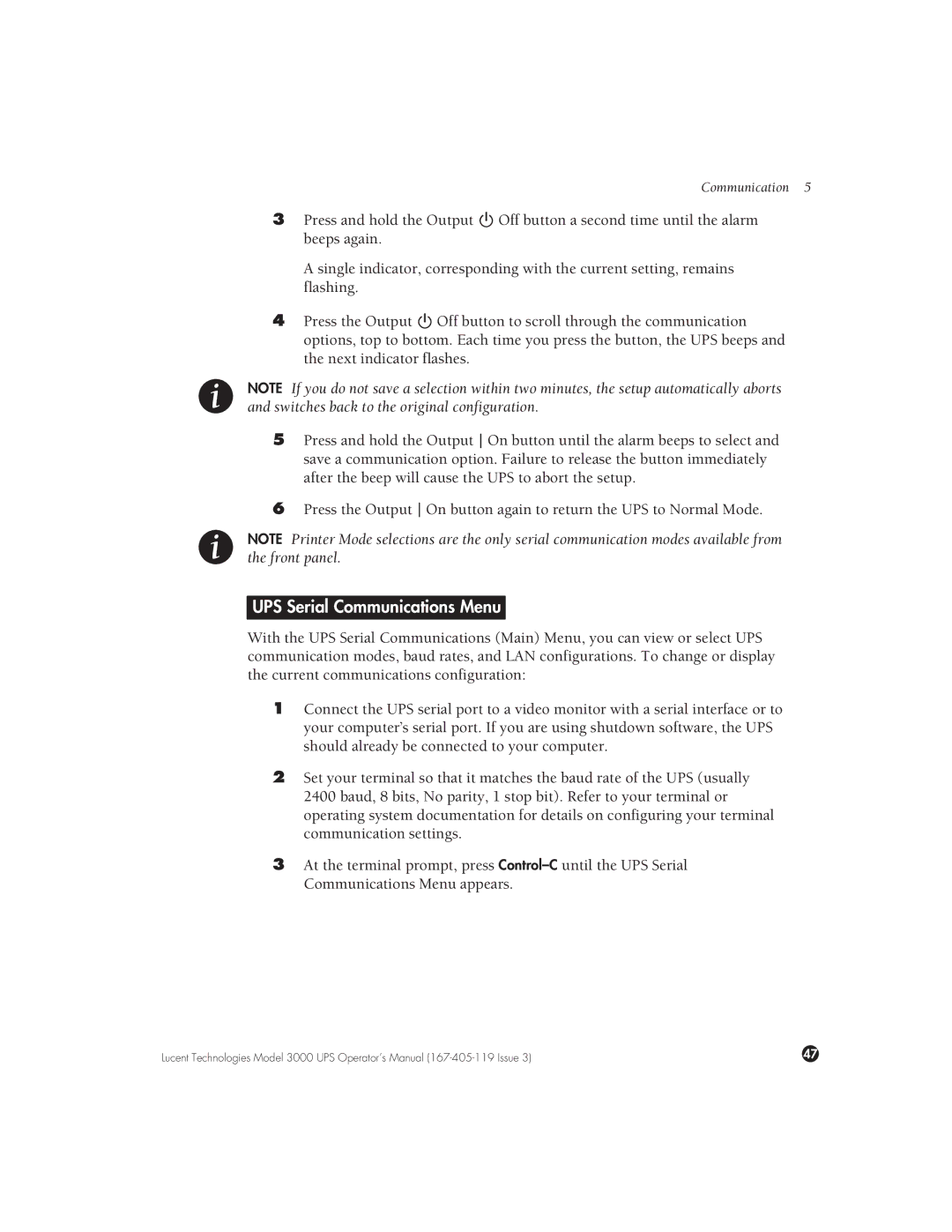 Lucent Technologies 3000 VA manual UPS Serial Communications Menu 