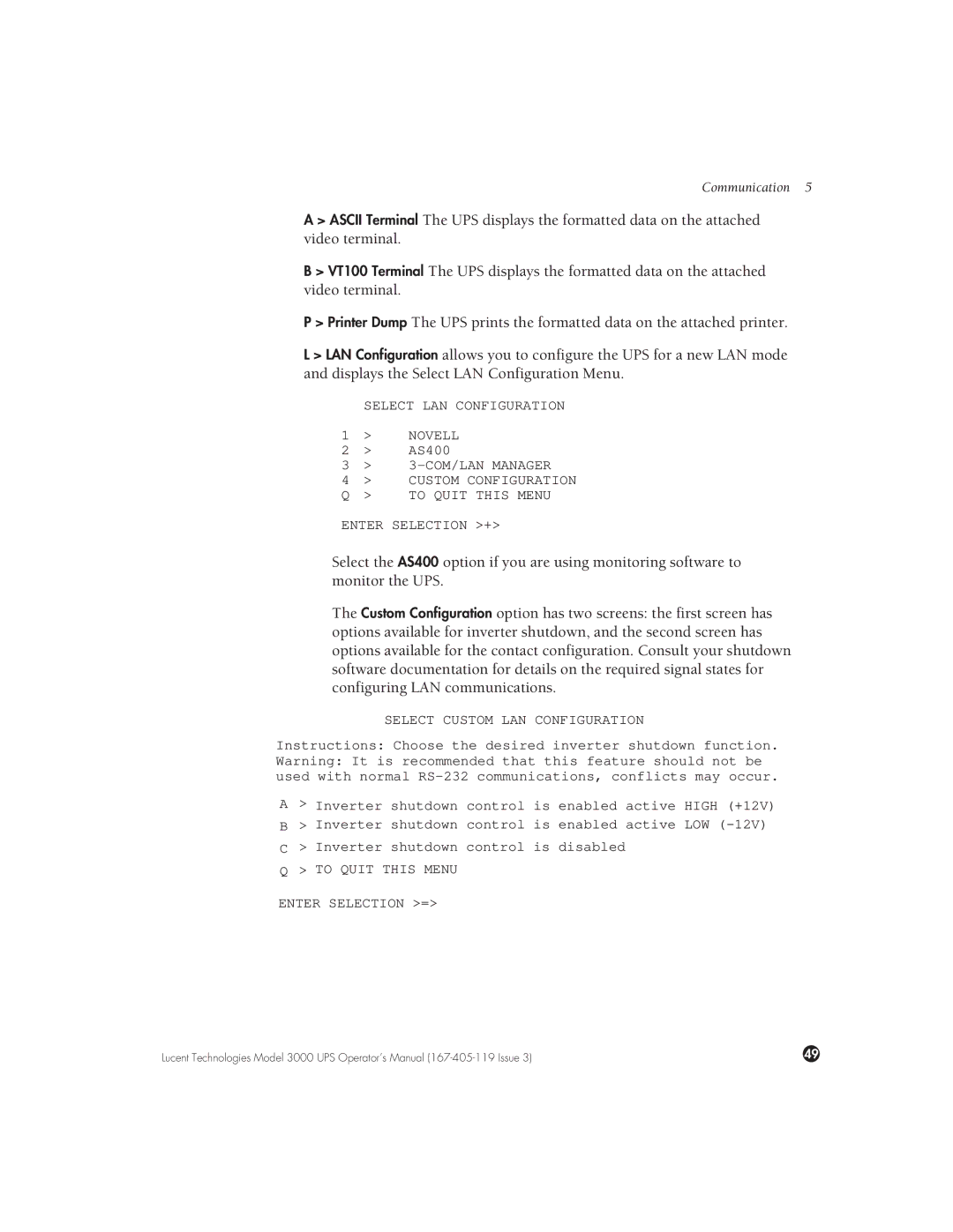 Lucent Technologies 3000 VA manual Select LAN Configuration 