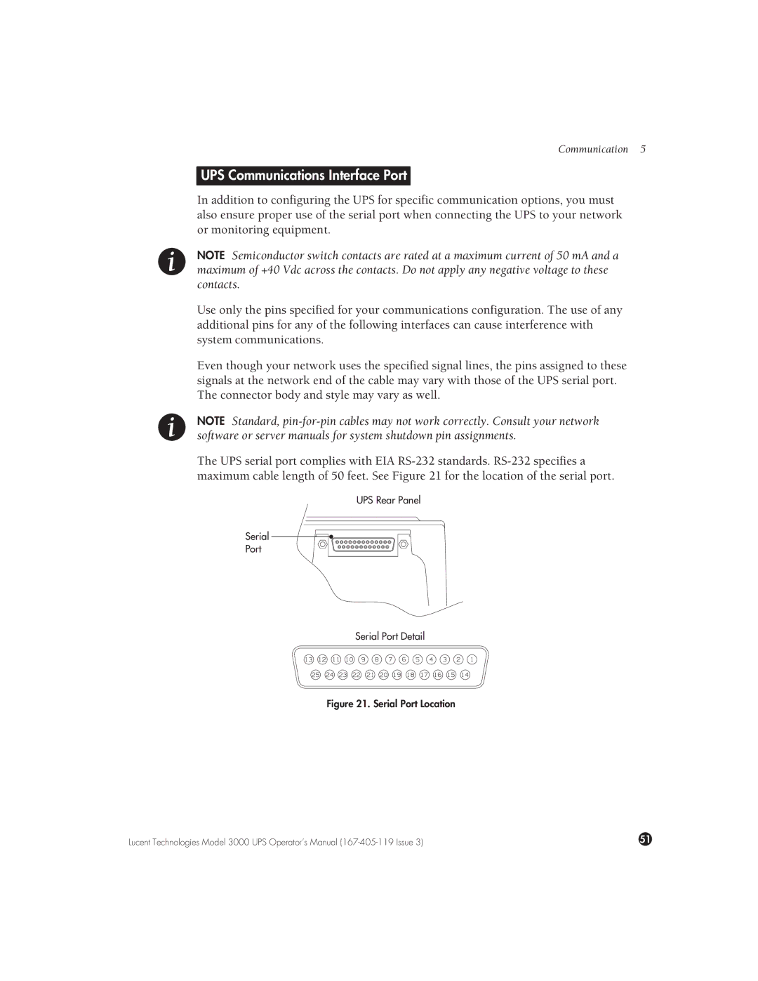 Lucent Technologies 3000 VA manual UPS Communications Interface Port, Serial Port Location 